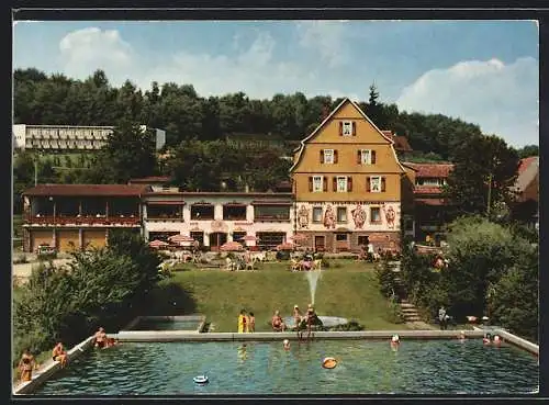 AK Gras-Ellenbach i. Odw., Hotel Siegfriedbrunnen mit Freibad, Bes. Ernst Some