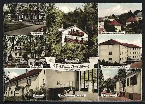 AK Bad König im Odenwald, Gasthaus Schwalbennest, Sanatorium Wolf-Zimper, Kurgarten