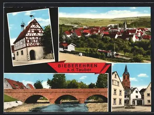 AK Bieberehren, Ortsansicht, Fachwerkhaus, Brücke, Kirchturm