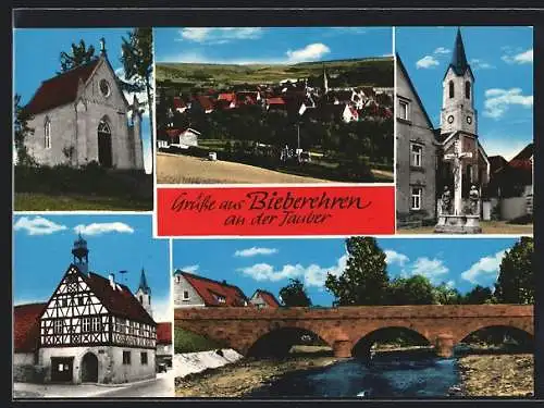 AK Bieberehren an der Tauber, Gasthaus-Café zum Adler, Brücke, Kirche