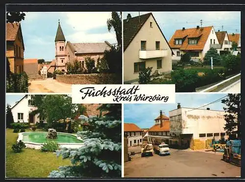AK Fuchsstadt / Würzburg, Kirchpartie, Siedlungspartie, Brunnenpartie, Ortspartie