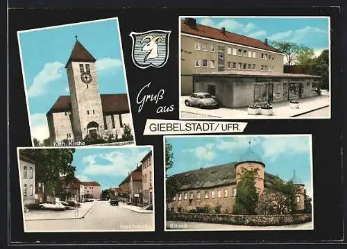 AK Giebelstadt /Ufr., Hauptstrasse. Schloss, Kath. Kirche, Stadtwappen