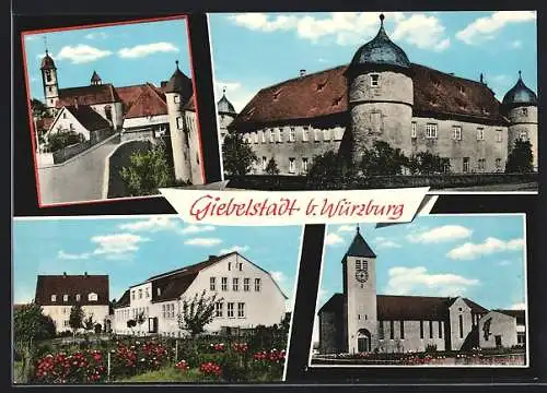 AK Giebelstadt b. Würzburg, Rathaus, Blick auf die Kirche, Schloss