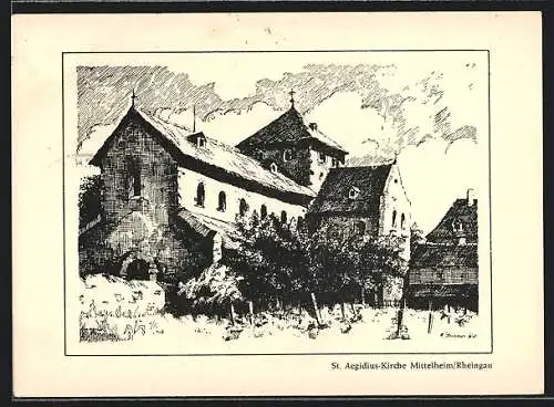 Künstler-AK Mittelheim /Rheingau, An der St. Aegidius-Kirche