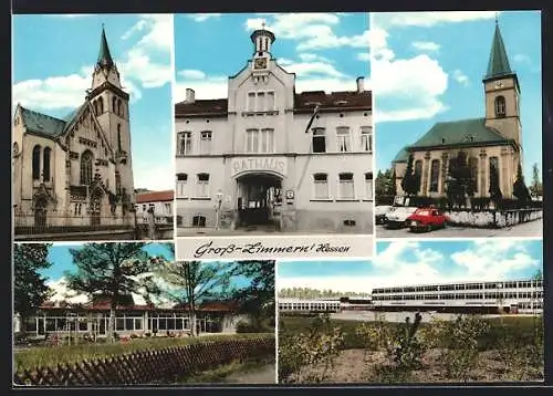 AK Gross-Zimmern /Hessen, Rathaus, Kirche, Schule