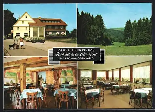 AK Tromm /Odenwald, Drei Ansichten vom Gasthaus und Pension Zur schönen Aussicht