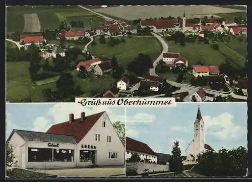 AK Oberhummel, Totalansicht, Edeka-Geschäft, Kirchpartie