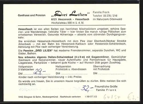 AK Hesseneck /Hesselbach, Gasthaus und Pension Drei Lilien mit Schwimmbecken