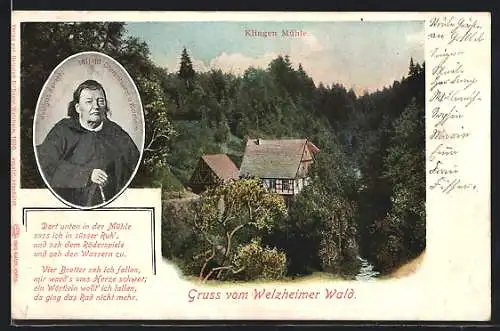AK Welzheim, Klingen Mühle im Welzheimer Wald, Porträt von Juslinus Kerner