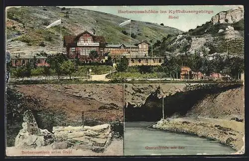 AK Kyffhäuser / Hotel, Hotel Barbarossahöhle im Kyffhäusergebirge, Barbarossatisch nebst Stuhl, Grottenhöhle mit See