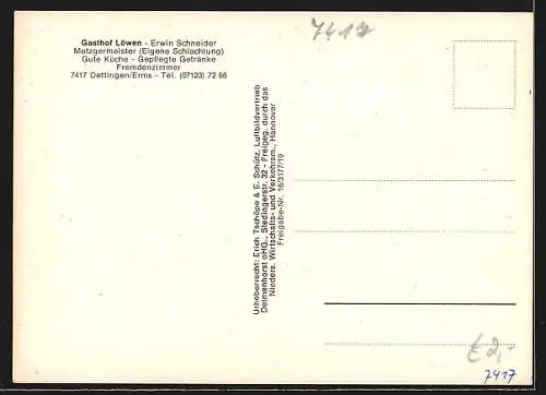 AK Dettingen / Erms, Der Gasthof Löwen aus der Vogelschau, Inh. Erwin Schneider