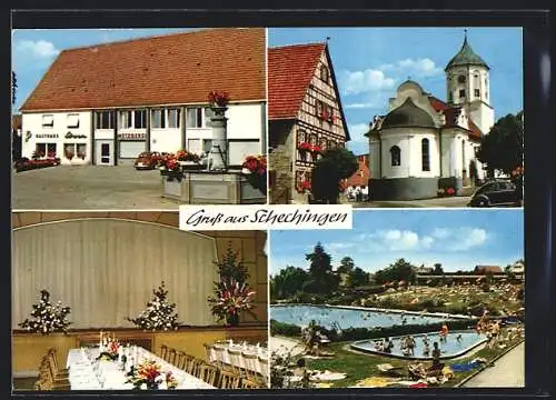 AK Schechingen, Das Gasthaus zum Löwen mit Veranstaltungshalle, die Kirche, das Freibad
