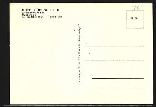 AK Frankfurt a. M., Das Hotel Höchster Hof, mit Speisesaal, Rezeption, Bar und Kegelbahn, Mainberg 3-9