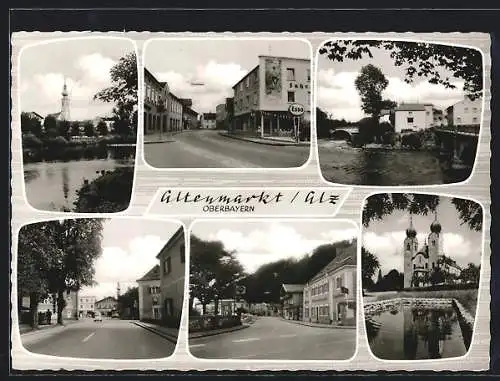 AK Altenmarkt /Alz, Flusspartie mit Blick zur Kirche, Strassenpartien mit Esso- und Araltankstellen
