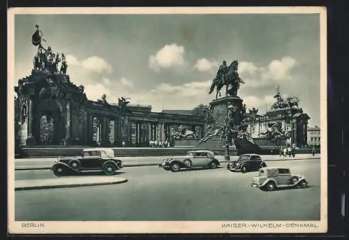 AK Berlin, Kaiser-Wilhelm-Denkmal mit Autos