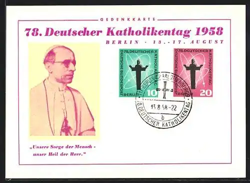 AK Berlin, Karte zum 78. Deutschen Katholikentag 1958, Papst Pius XII.