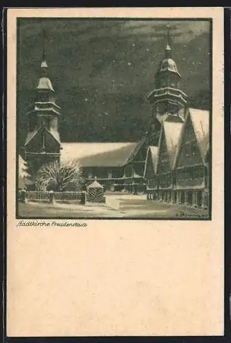 Künstler-AK Freudenstadt, Stadtkirche im Winter