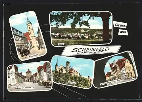 AK Scheinfeld im Steigerwald, Pfarrkirche, Schloss und Rathaus mit oberem Tor