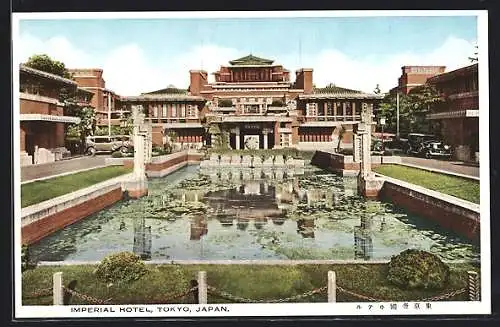 AK Tokyo, Imperial Hotel, Teich, parkende Autos