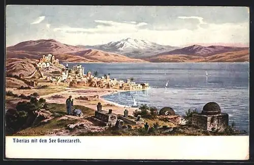 Künstler-AK F.Perlberg: Tiberias, betende Araber am Grab, Ort am See Genezareth