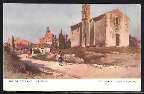 Künstler-AK Potamo / Corfou, Teilansicht mit Kirche