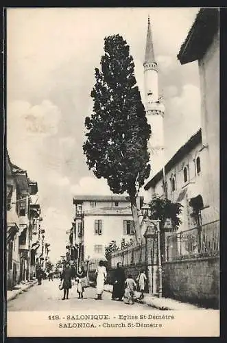 AK Salonique, Eglise St-Démètre, Strasse mit der Kirche St. Démètre