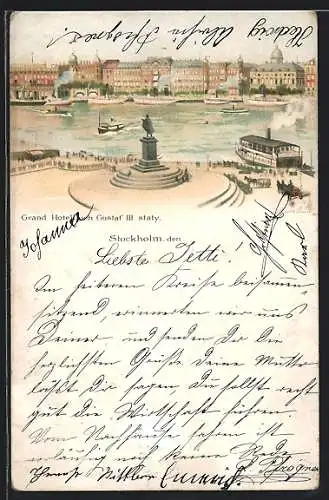 Lithographie Stockholm, Grand Hotell och Gustaf III staty