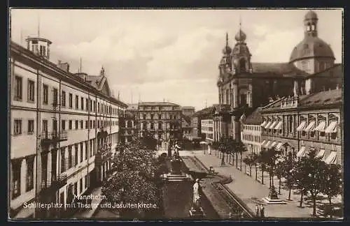 AK Mannheim, Schillerplatz, Theater, Jesuitenkirche, Denkmal