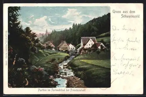 AK Freudenstadt /Schwarzwald, Bach und Wohnhäuser im Forbachthal