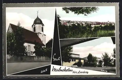 AK Malmsheim /Kr. Leonberg, Schule, Kirche, Ortsansicht
