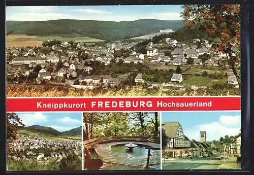 AK Fredeburg /Sauerland, Strassenpartie, Brunnenanlage, Ortsansicht