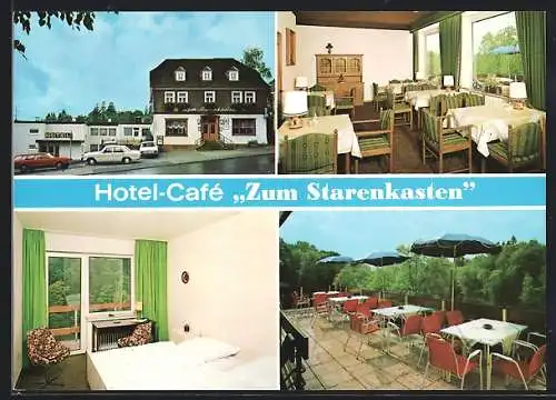 AK Bad Berleburg im Wittgensteiner Land, Hotel Cafe Zum Starenkasten, Innenansichten Gasträume und Schlafzimmer