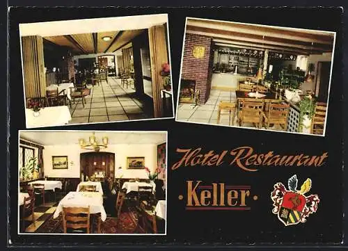 AK Kreuztal / Kindelsberg, Hotel Restaurant Keller, Innenansichten, Wappen