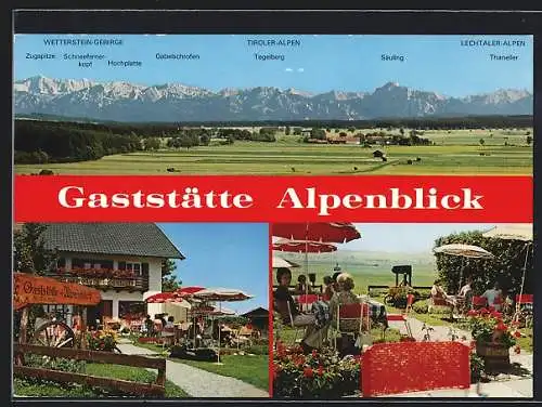 AK Bad Wörishofen-Hartenthal, Gaststätte Alpenblick Fam. Käufler, Ortsansicht mit Alpenpanorama