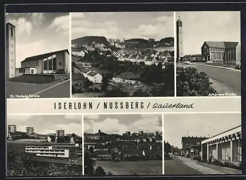 AK Iserlohn-Nussberg, Strassenpartie, Hochhaus-Siedlung, Kirchen, Ortsansichten