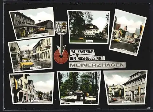 AK Meinerzhagen, Wappen, Strassenpartien Haupt-, Kirch-, Bahnhof- u. Derschlagerstrasse, Rathaus