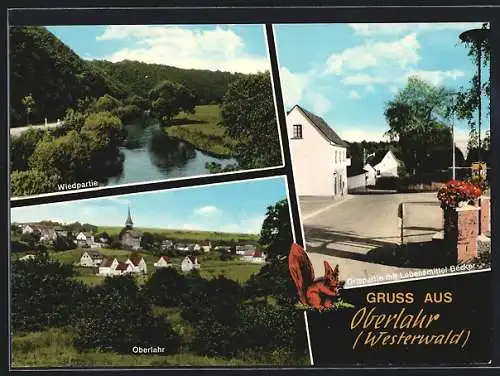 AK Oberlahr /Westerwald, Ortspartie mit Lebensmittel Becker, Wiedpartie, Gesamtansicht