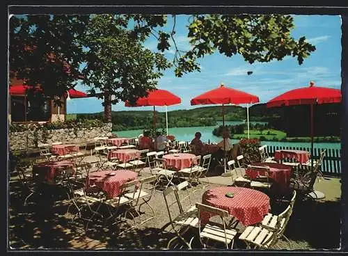AK Schongau /Landsberg, Cafe-Restaurant Lechblick, Terrasse mit Wasserblick