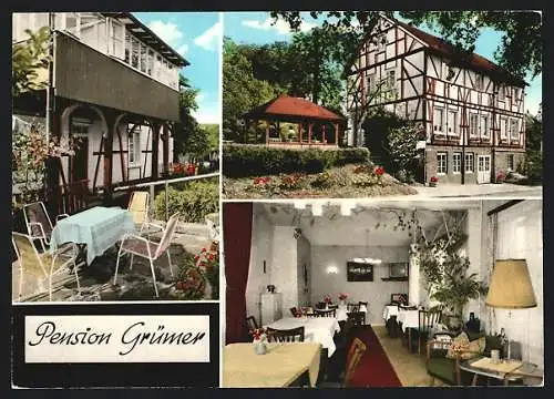 AK Nümbrecht, Pension Grümer mit Innenansicht und Terrasse, Inh. H. Jansen