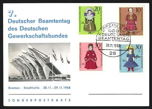 AK Bremen, 7. Deutscher Beamtentag des Deutschen Gewerkschaftsbundes 1968, Stadthalle, Sonderbriefmarken
