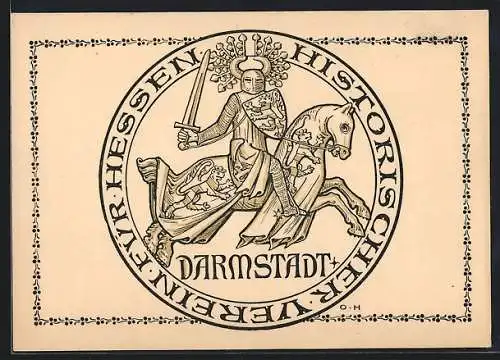 AK Darmstadt, Darmstadt, Ritter mit Schwert und Schild zu Pferde, Logo des Historischen Vereines für Hessen