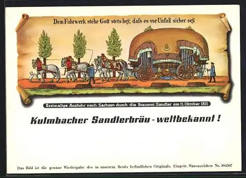AK Kulmbach, Fuhrwerk mit grossem Fass Bier, Reklame der Sändlerbräu AG