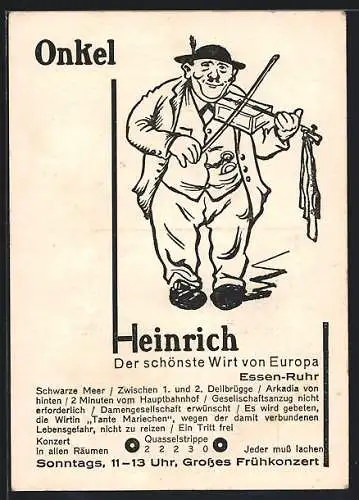 AK Essen-Ruhr, Mann mit Violine, Reklame der Gaststätte Onkel Heinrich