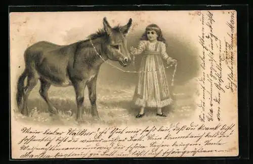 Lithographie Mädchen mit Esel