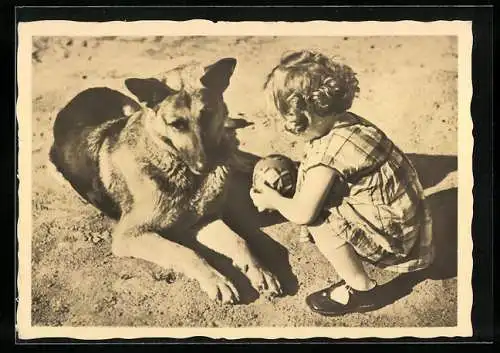Foto-AK Kleines Mädchen mit Ball und Schäferhund in der Sonne
