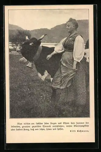 AK Frau im Dirndl mit Kuh, Zitat Lilli Lehmann