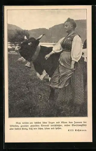 AK Frau im Dirndl mit Kuh, Zitat Lilli Lehmann