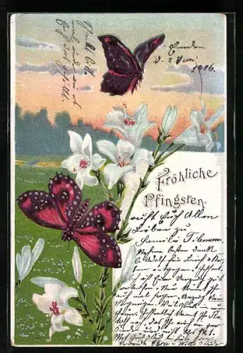Lithographie Schmetterlinge mit Lilien auf einer Wiese, Pfingstgruss
