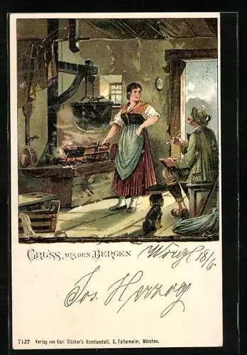 Lithographie Mahlzeit in der Alpenstube mit Dackel