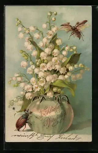 AK Maikäfer vor Vase mit Maiglöckchen, Pfingstgruss